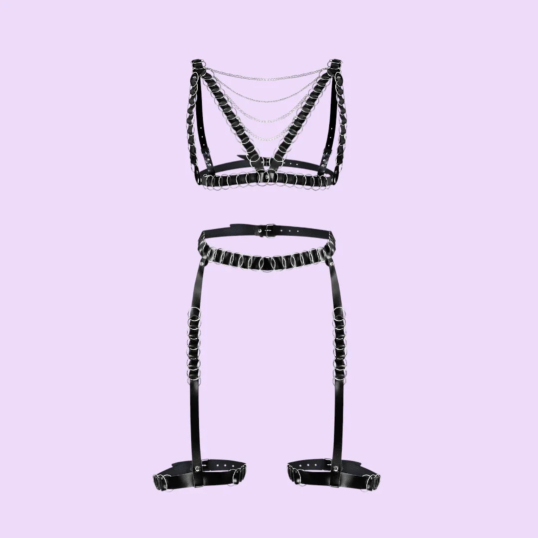 Art of Sex Geneva Leather Harness & Garters Set — Black
