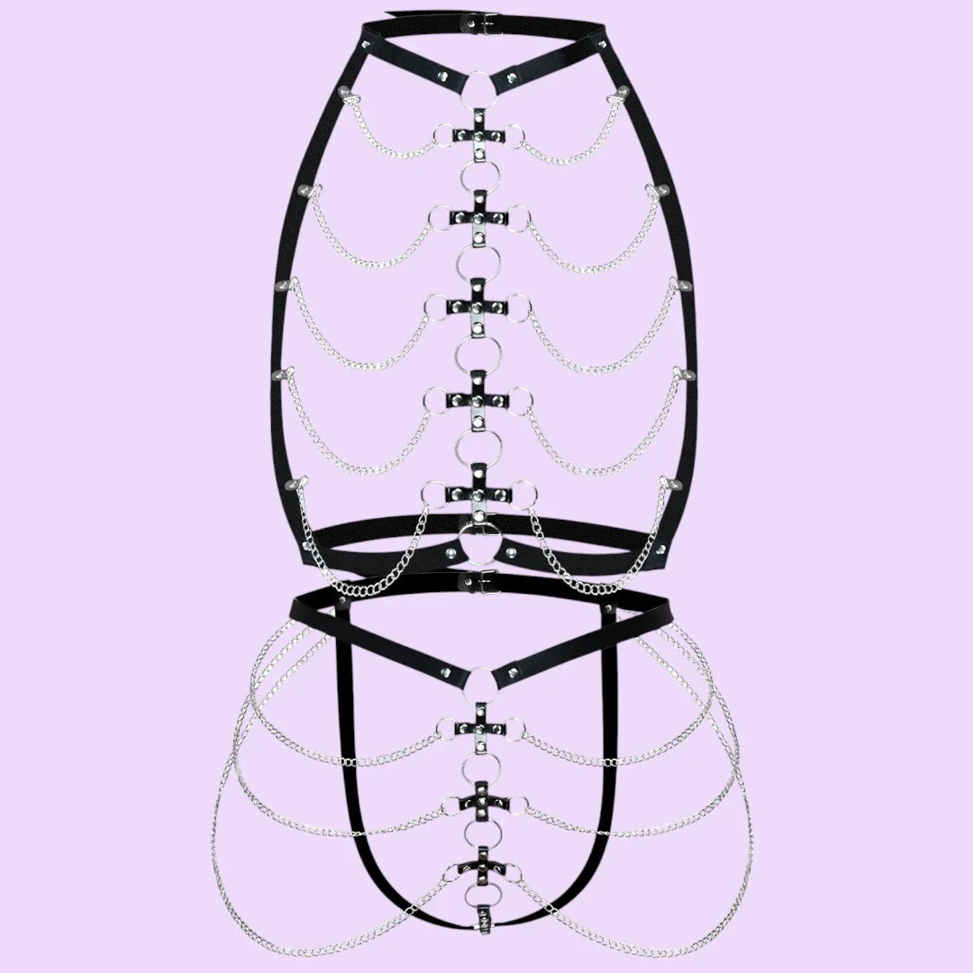 Art of Sex Cross Leather Harness & Panties Set — Black