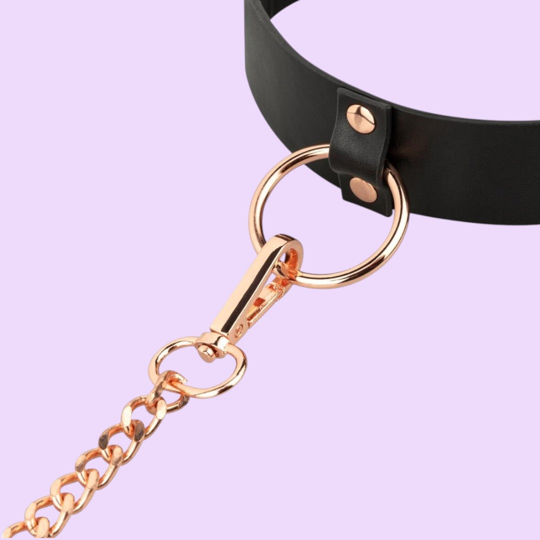 Rosy Gold Collar with Chain Leash — Black & Rose Gold