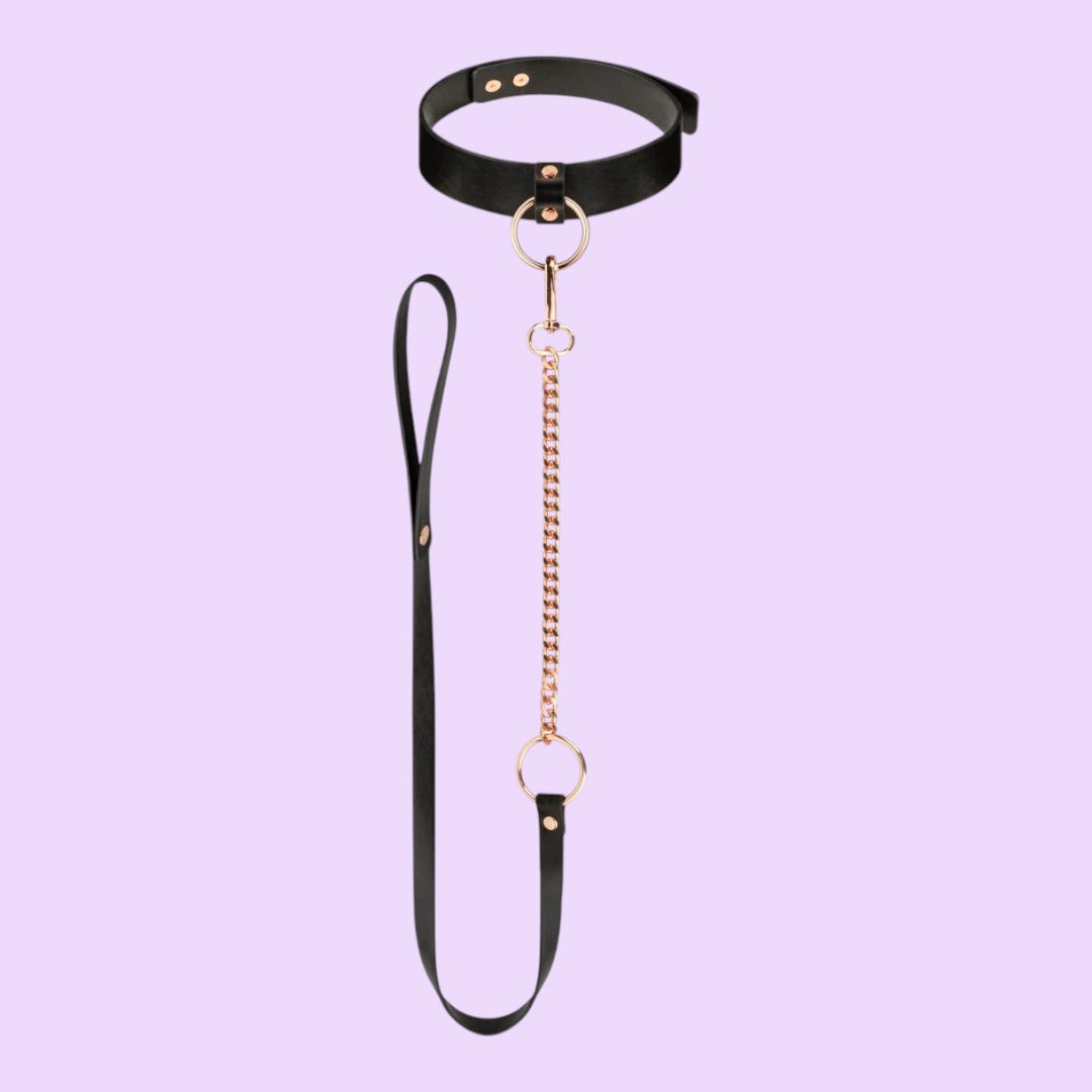 Rosy Gold Collar with Chain Leash — Black & Rose Gold