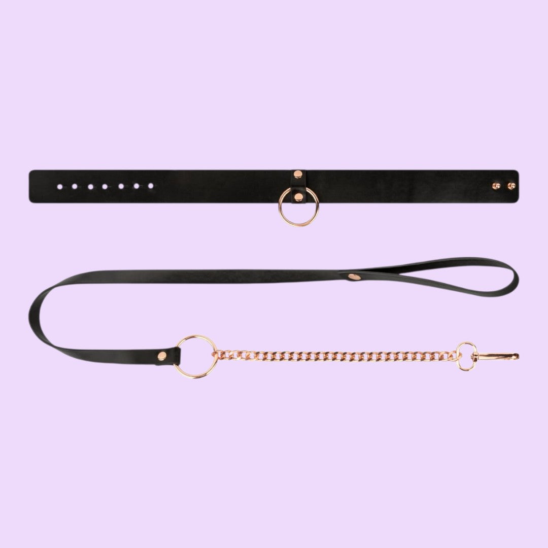 Rosy Gold Collar with Chain Leash — Black & Rose Gold