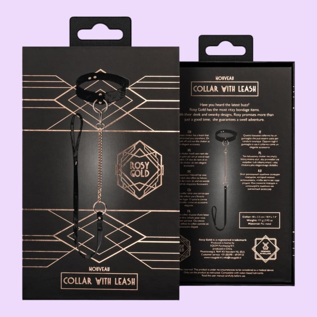 Rosy Gold Collar with Chain Leash — Black & Rose Gold